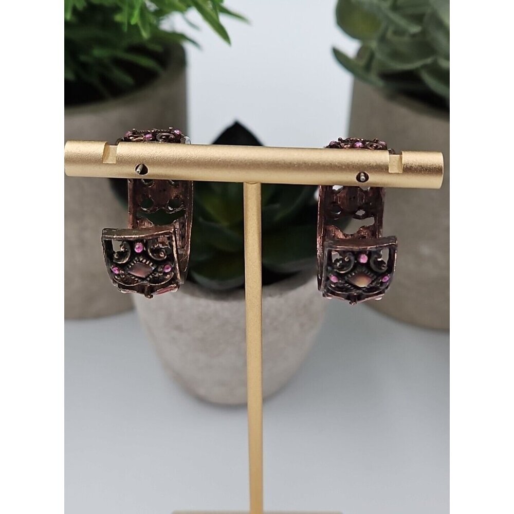 Vintage Copper Hoop Earrings Enamel Sparkle Post Back 1" Hoop‎ 1/4" Wide - Picture 2 of 5